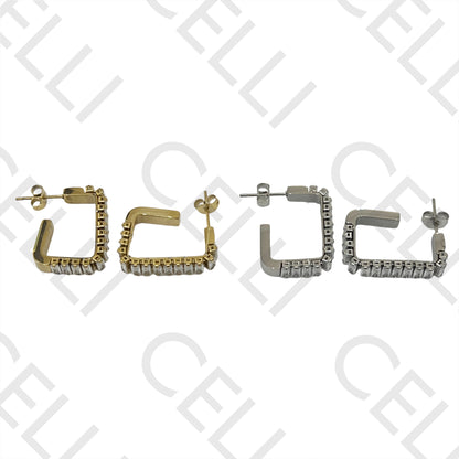 不锈钢矩形亮钻锆石耳环