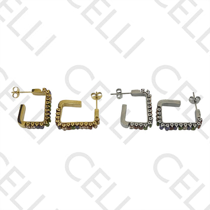 不锈钢矩形亮钻锆石耳环