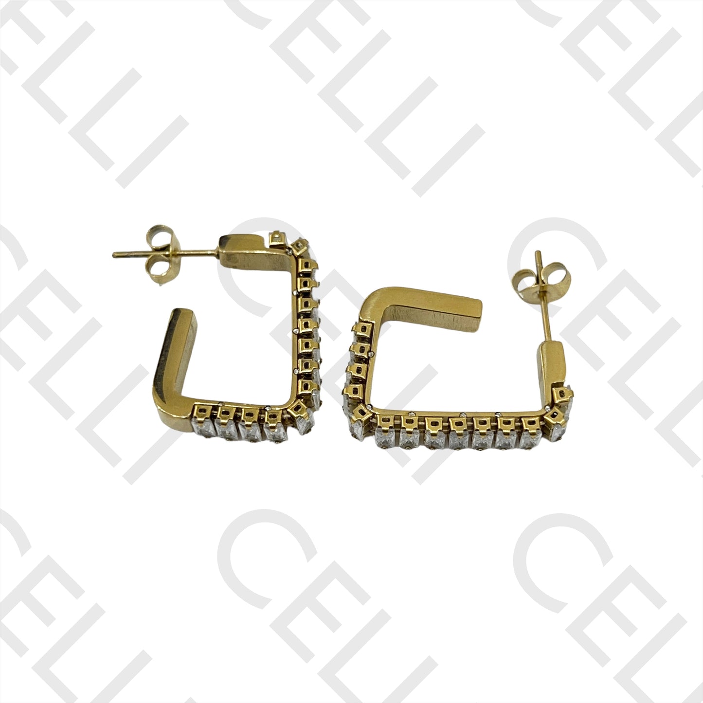 不锈钢矩形亮钻锆石耳环