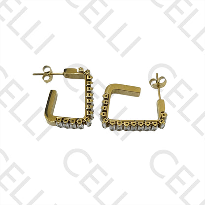 不锈钢矩形亮钻锆石耳环