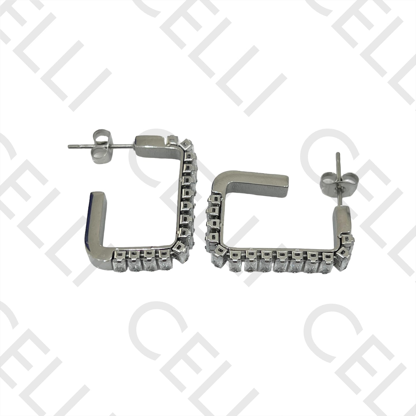 不锈钢矩形亮钻锆石耳环