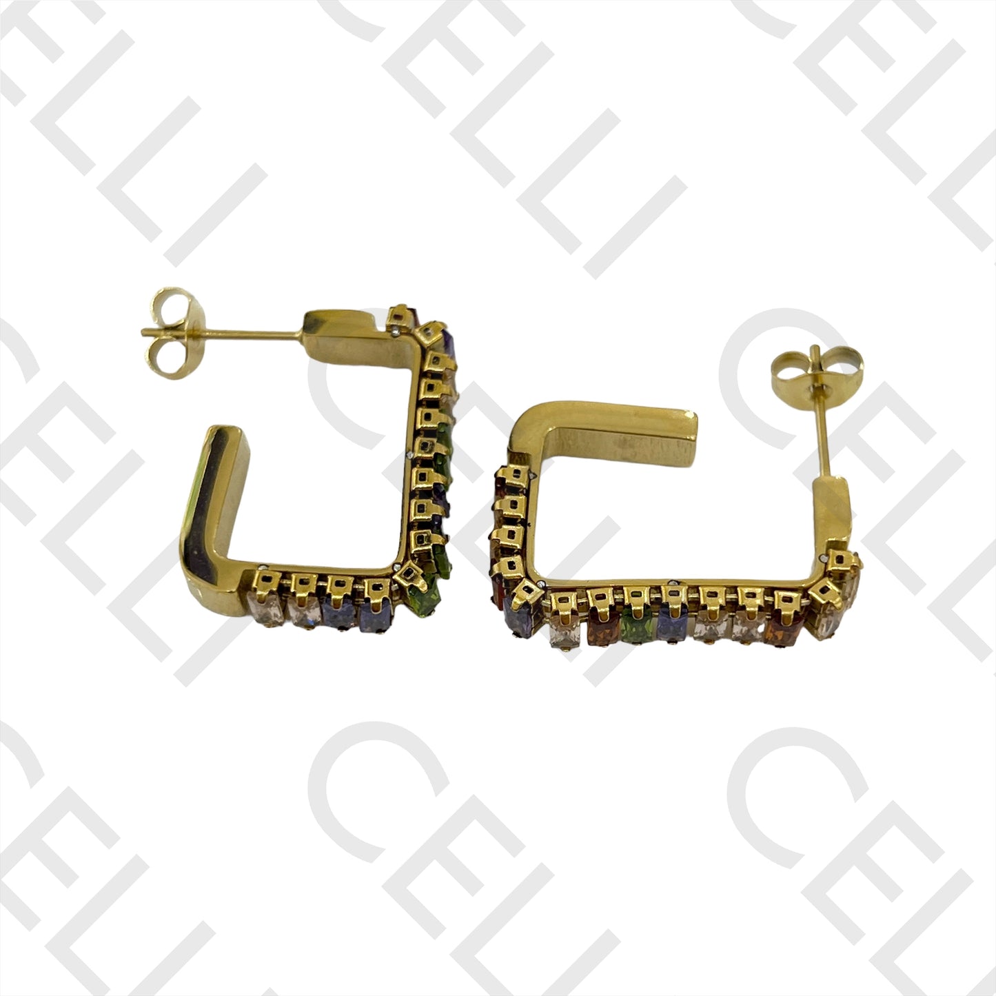 不锈钢矩形亮钻锆石耳环