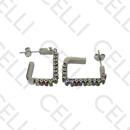 不锈钢矩形亮钻锆石耳环