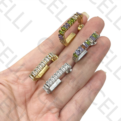 不锈钢矩形亮钻锆石耳环