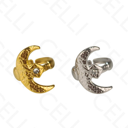 Anel de Aço Ajustável - lua com brilhante