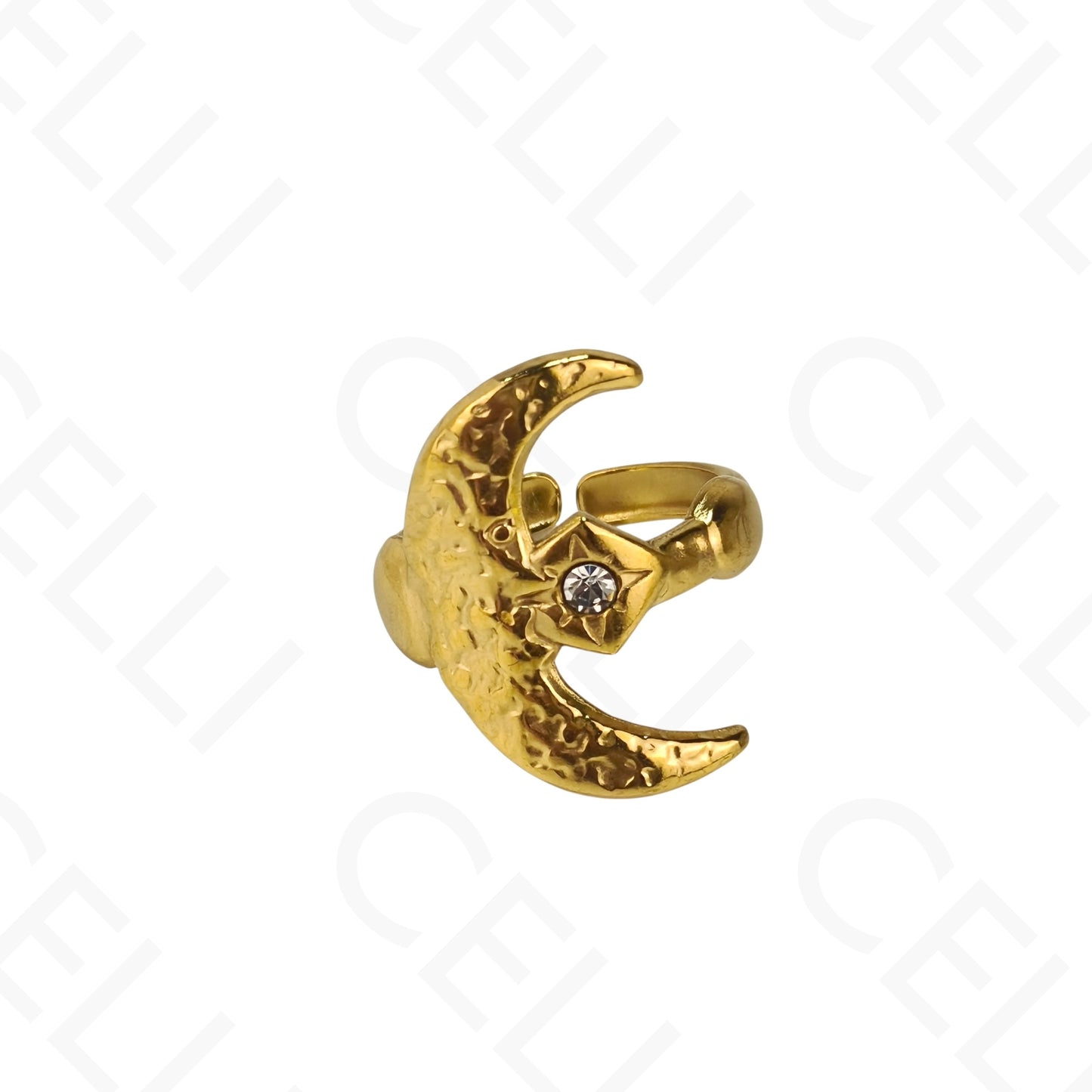 Anel de Aço Ajustável - lua com brilhante