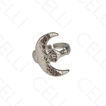 Anel de Aço Ajustável - lua com brilhante