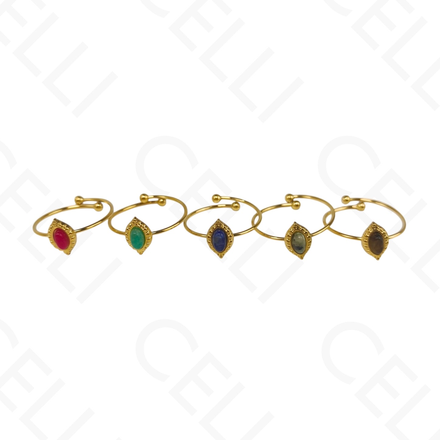 Anillo de Acero Ajustable - mini piedra natural óvalo puntiaguda (6 colores)