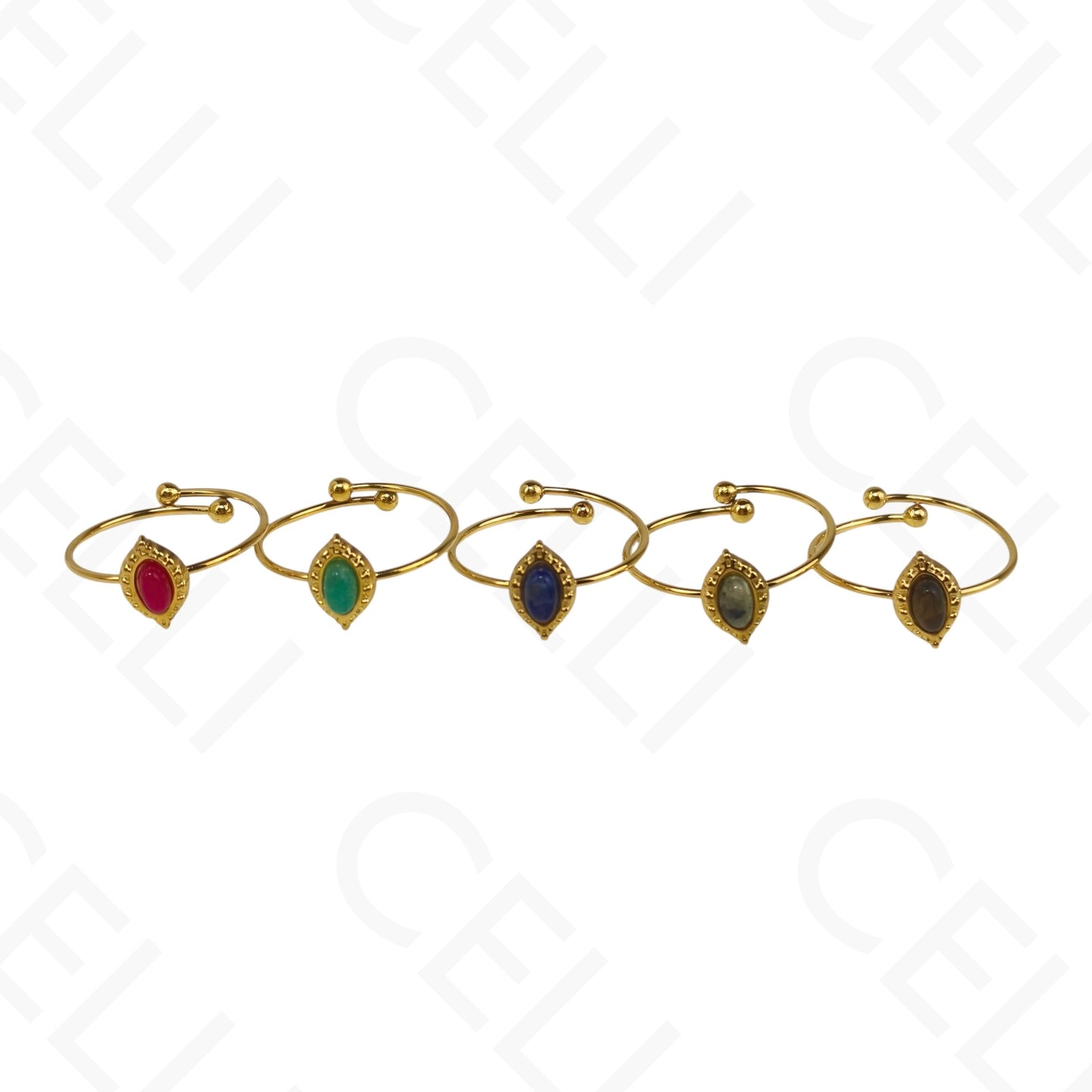 Anillo de Acero Ajustable - mini piedra natural óvalo puntiaguda (6 colores)