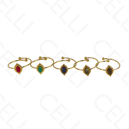 Anillo de Acero Ajustable - mini piedra natural óvalo puntiaguda (6 colores)