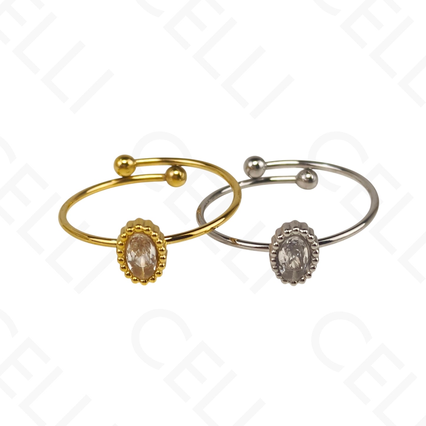 Anel de Aço Ajustável - Gota, Redondo e Oval com brilhante