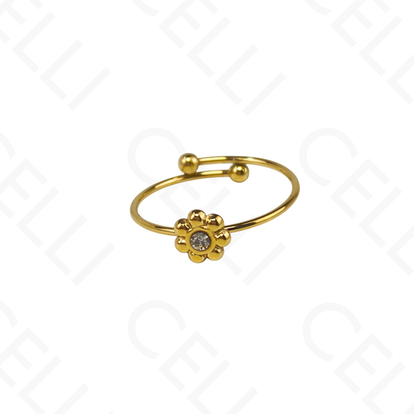 Anel de Aço Ajustável - mini flor com brilhante