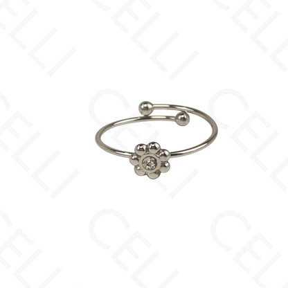 Anel de Aço Ajustável - mini flor com brilhante