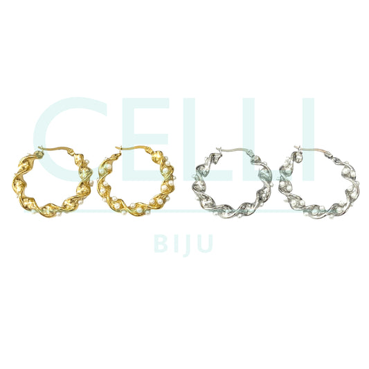 Brinco Argola de Aço - torcido com pérolas