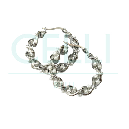 Brinco Argola de Aço - torcido com pérolas
