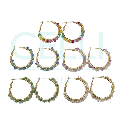 Pendiente de aro de acero - perlas y cristales facetados