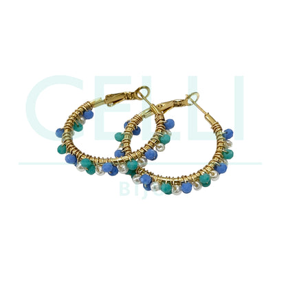 Pendiente de aro de acero - perlas y cristales facetados