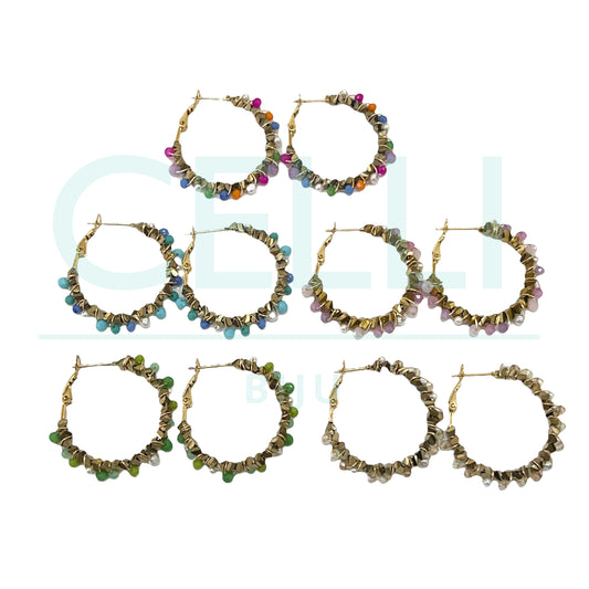 Brinco Argola de Aço - pérolas, hematita e cristais facetados