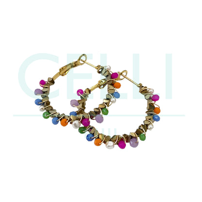 Steel Hoop Earring - Pearls, Hematite, and Faceted Crystals