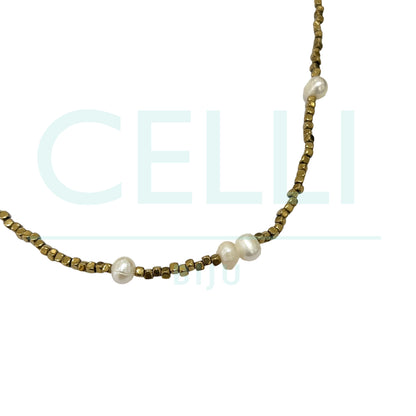 Colar de Aço com hematita e pérolas de agua doce