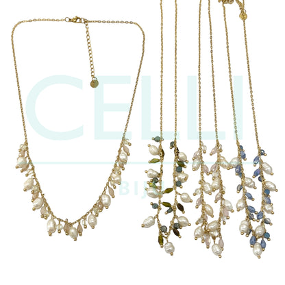 Colar de Aço com pérolas de agua doce e cristais facetados