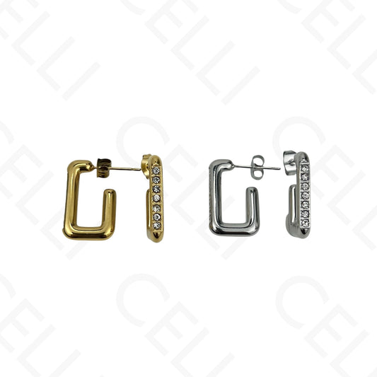 Brinco de aço - argola rectangular com brilhantes