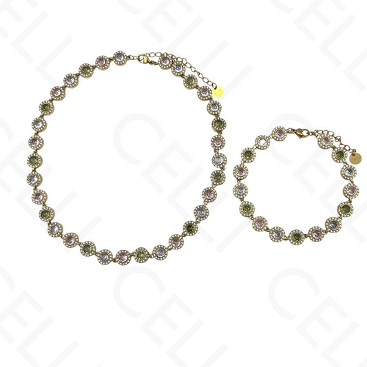 Colar/Pulseira de Aço - círculos de brilhantes