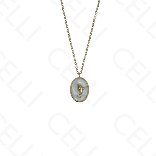 Colar de Aço - golfinho oval esmaltado branco