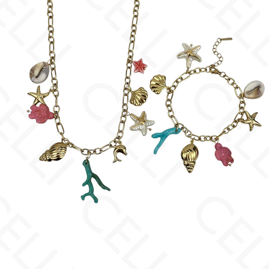 Colar/Pulseira de aço - elementos do mar, coral resina