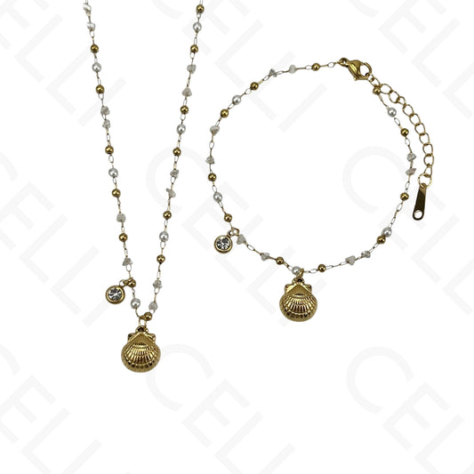 Colar/Pulseira de aço - concha, fio de pérolas e bolas de aço