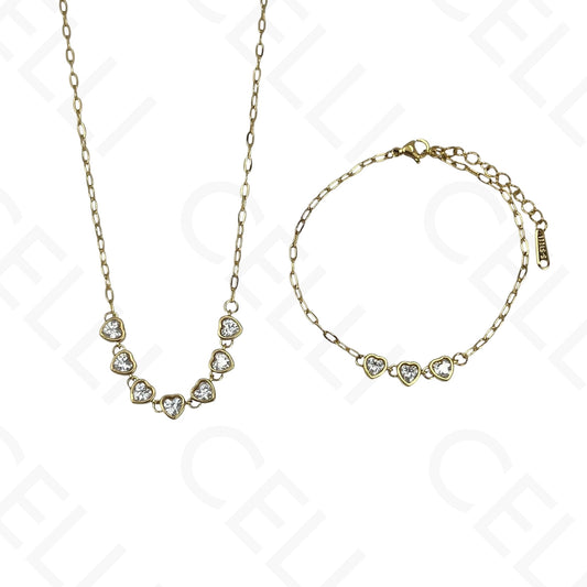 Colar/Pulseira de aço - corações com brilhantes