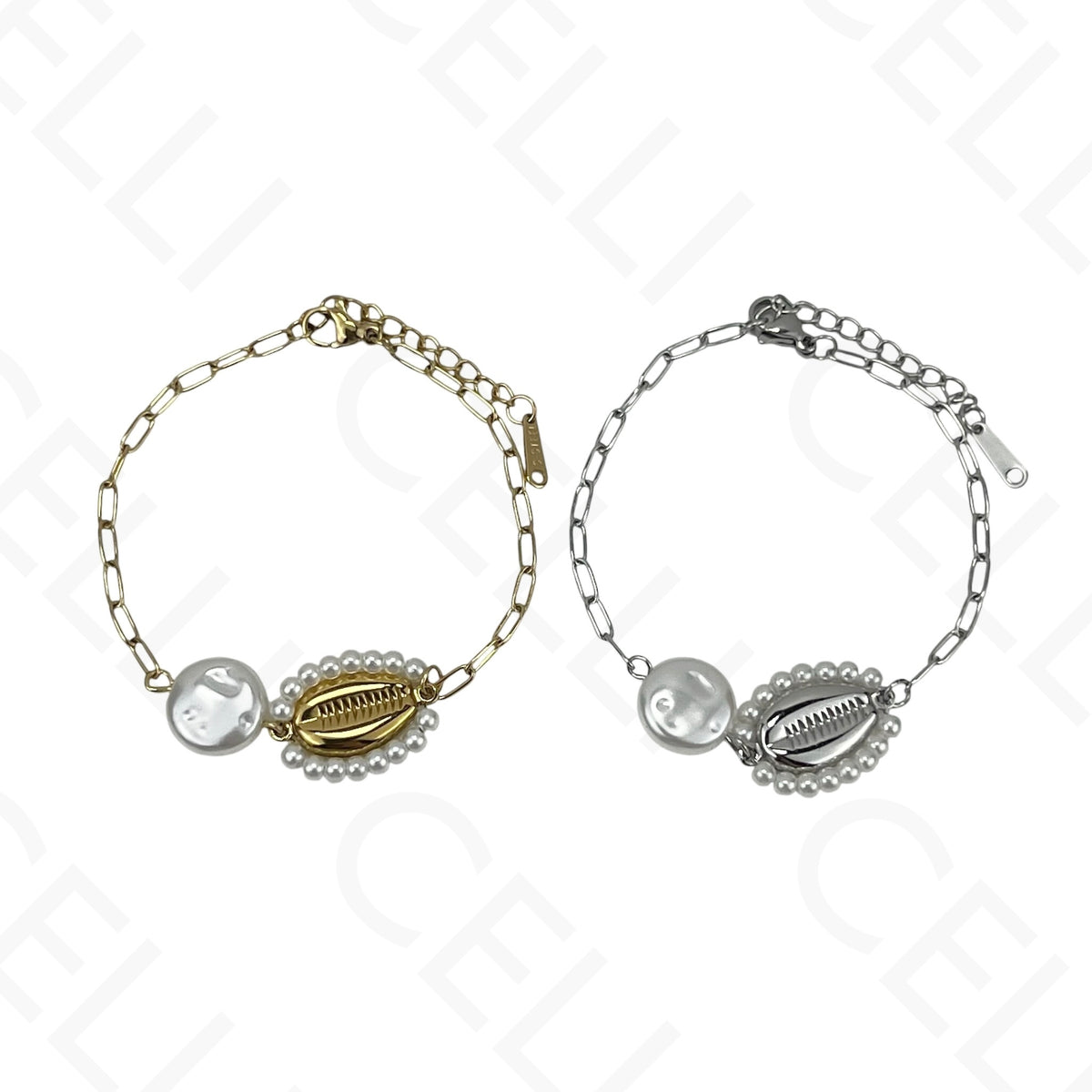 Colar/Pulseira de aço - búzio com pérolas
