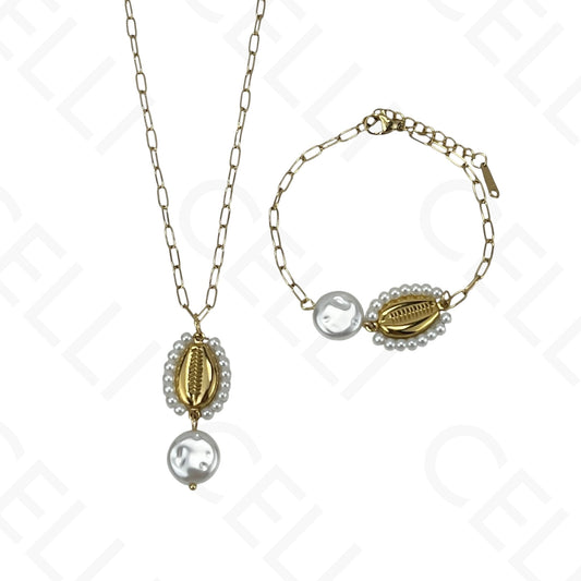 Colar/Pulseira de aço - búzio com pérolas