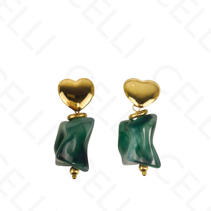 钢制耳环 - 心形，树脂吊坠珠