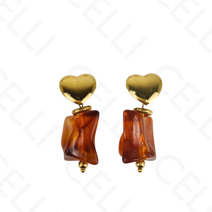 钢制耳环 - 心形，树脂吊坠珠