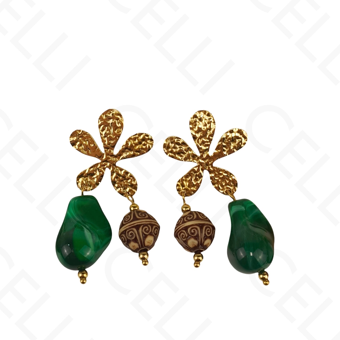 Brinco de aço - flor e pendentes de resina