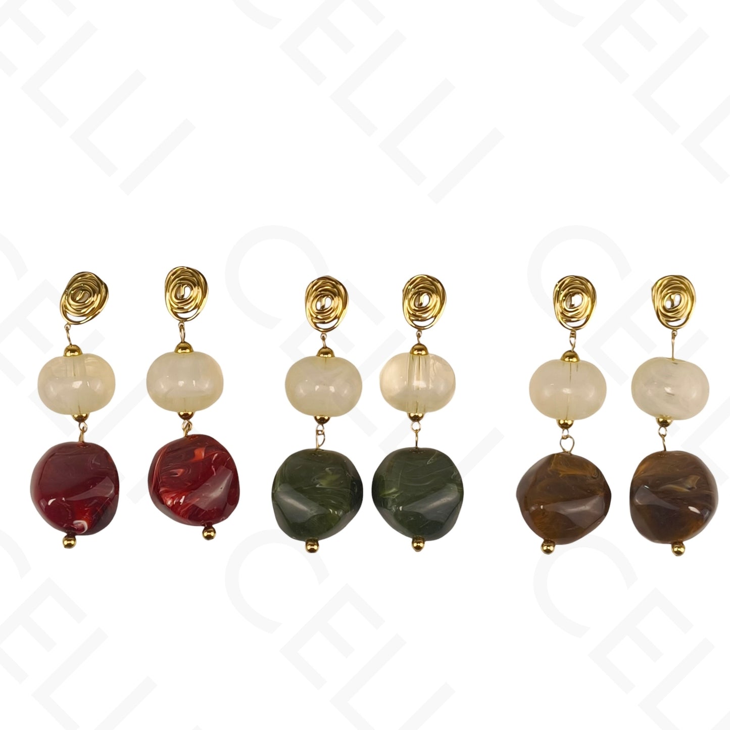 Pendiente de acero - caracol y colgantes de resina