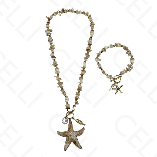 Colar/Pulseira de aço - Contas de resina e pendente estrela do mar
