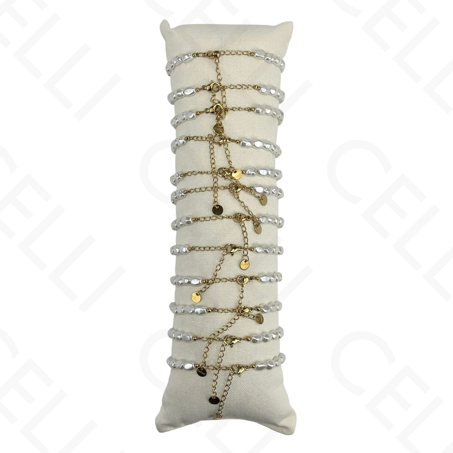 Conjunto de Pulseiras de aço (12 und.) - pérolas com pendentes azuis e brancos