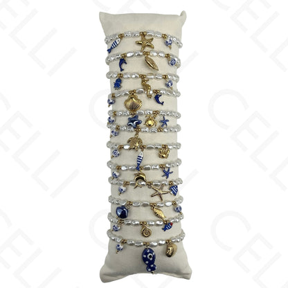 Conjunto de Pulseiras de aço (12 und.) - pérolas com pendentes azuis e brancos