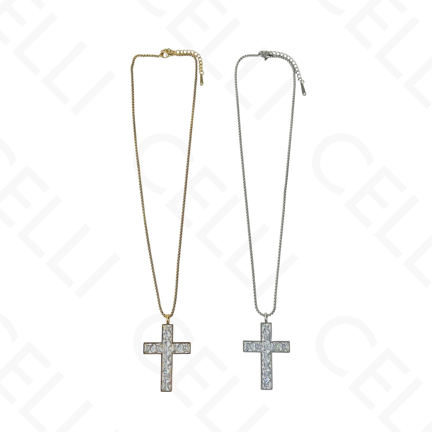 Colar de aço - cruz com brilhantes