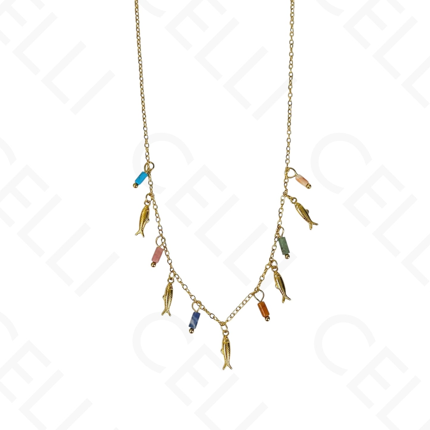 Colar de aço - multi pendentres peixes e pedras naturais