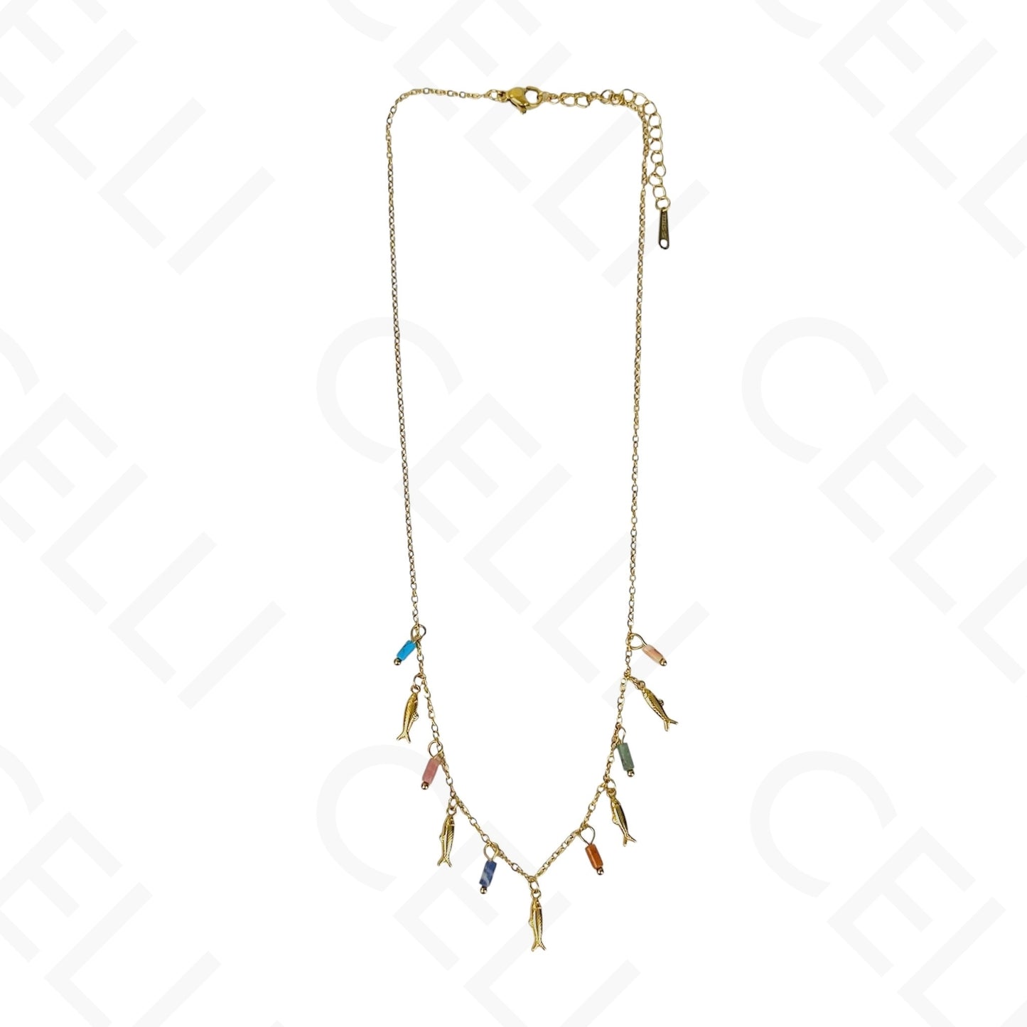 Colar de aço - multi pendentres peixes e pedras naturais