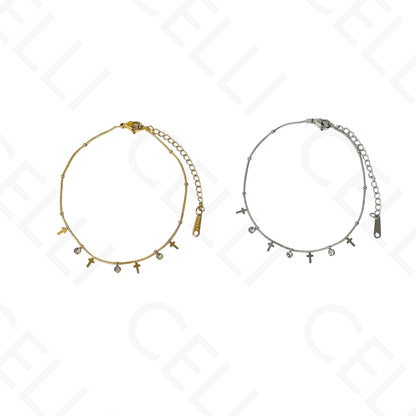 Colar/Pulseira de aço - mini cruzes com brilhantes