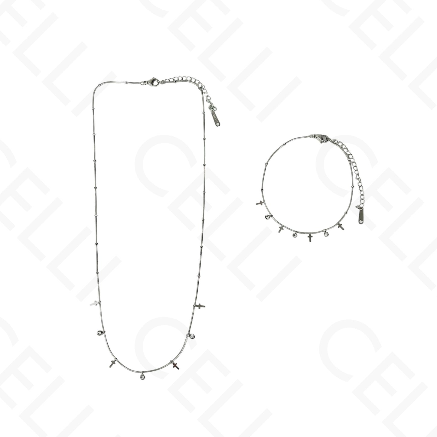 Colar/Pulseira de aço - mini cruzes com brilhantes