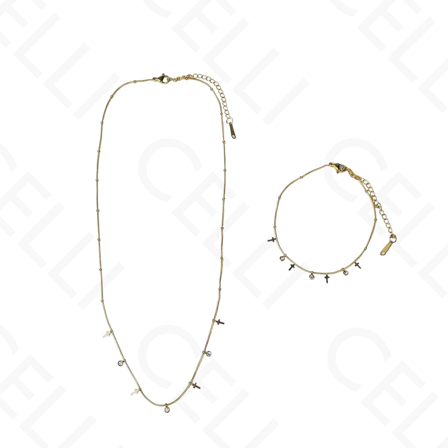 Colar/Pulseira de aço - mini cruzes com brilhantes