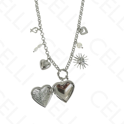 Colar de aço - multi pendentes, coração de abrir