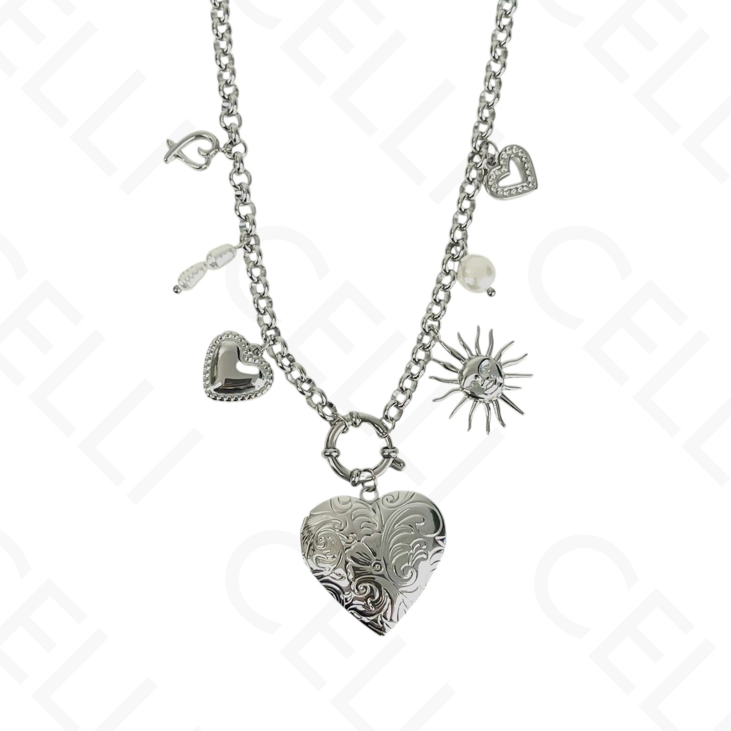 Colar de aço - multi pendentes, coração de abrir