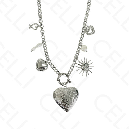 Colar de aço - multi pendentes, coração de abrir