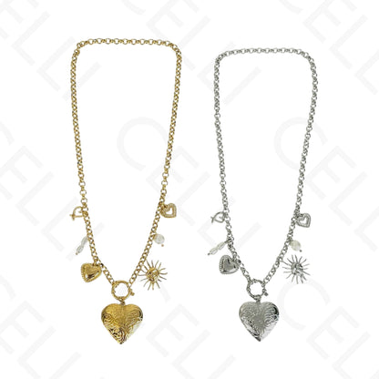 Colar de aço - multi pendentes, coração de abrir